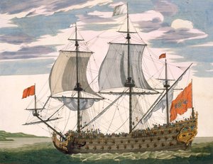 British Navy: et førsteklasses skib, der flyver White Ensign; tre-dækker med admirals kahyt, fra 